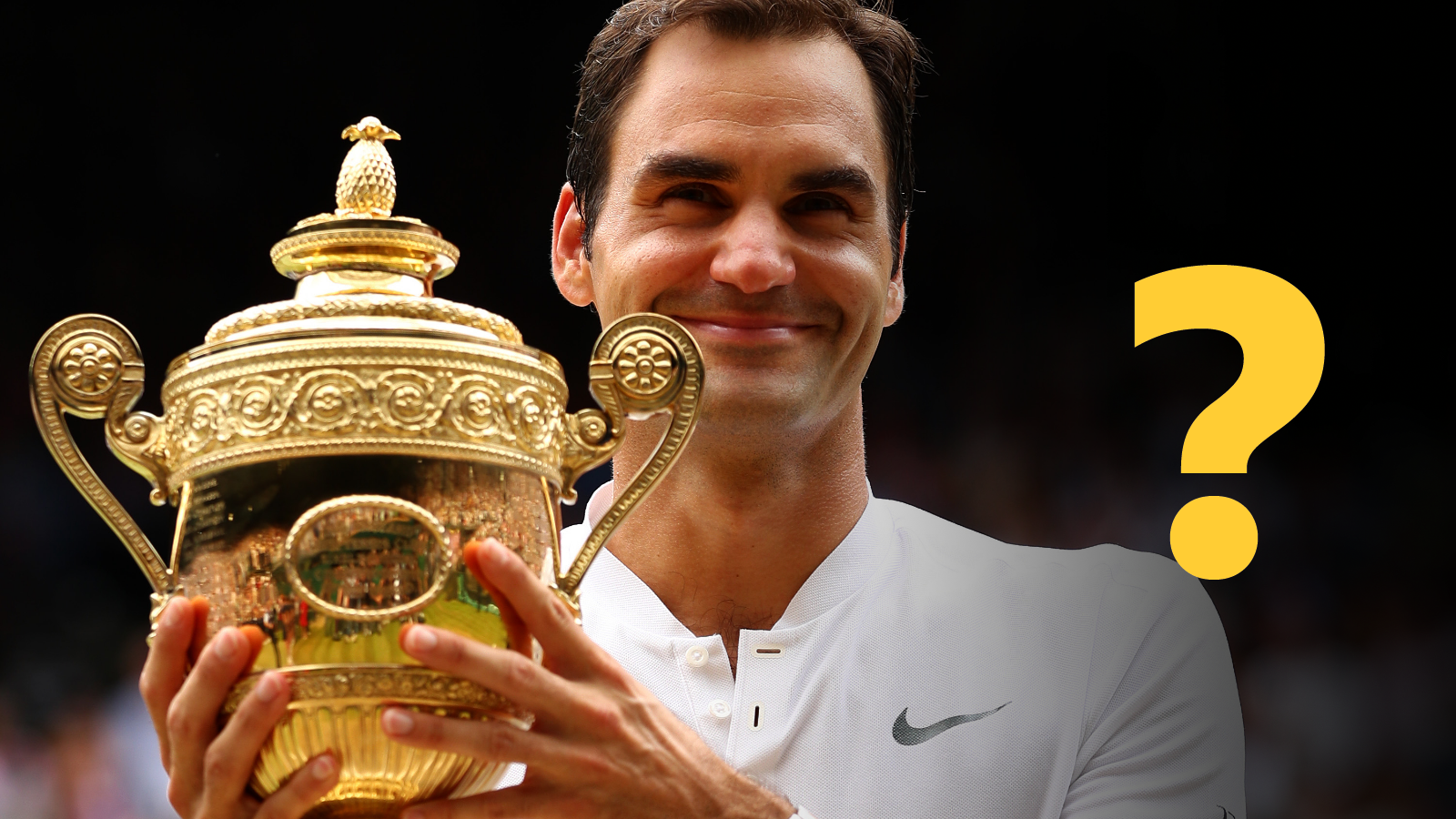 Roger Federer holding the Wimbledon trophy with a yellow question mark overlayed