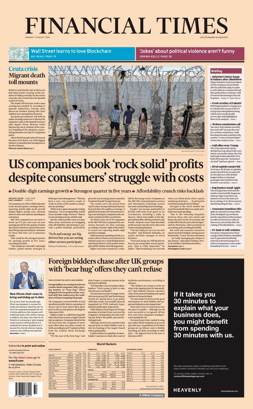 "US companies book 'rock solid' profits despite consumers' struggle with costs" reads the headline on the front page of the Financial Times.