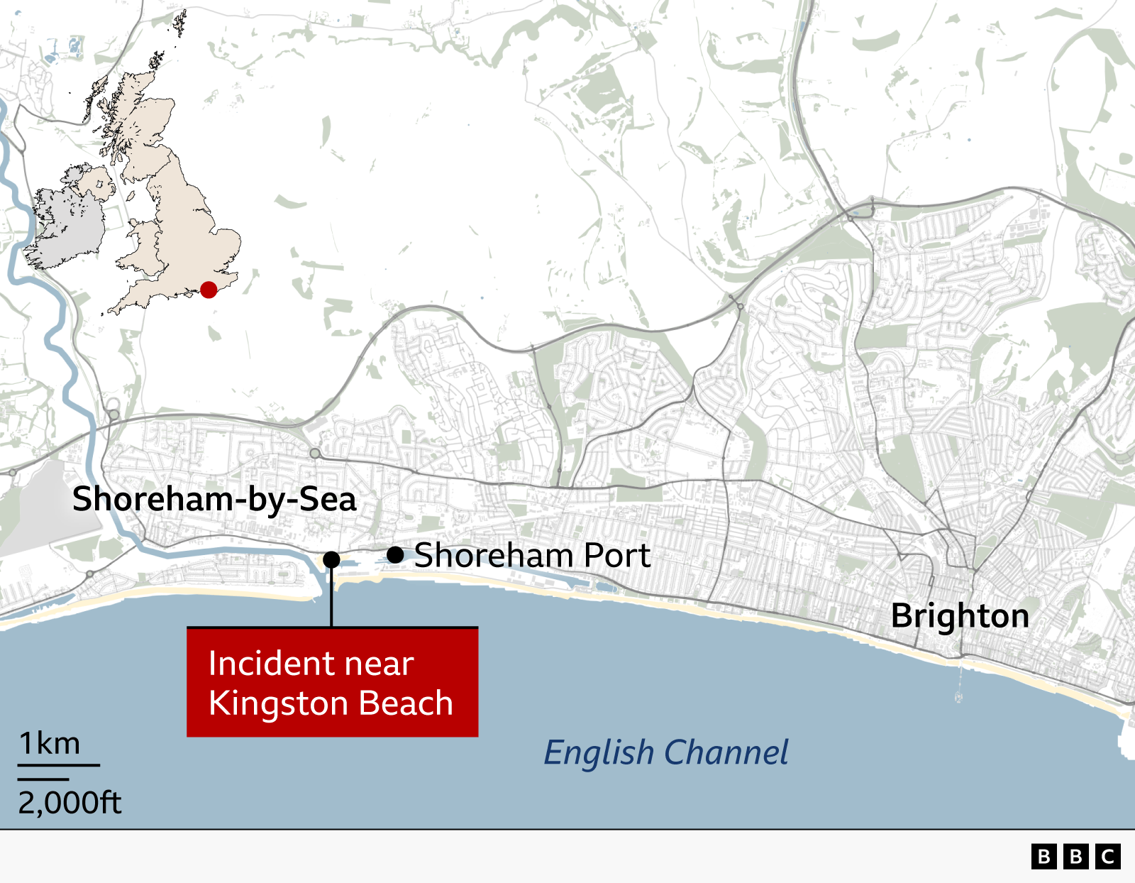 A map showing Shoreham-by-sea, Shoreham Port, Kingston Beach and Brighton.