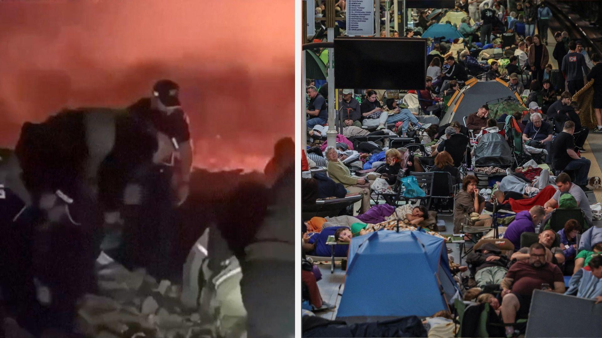 On the left, an image of a firefighters searching through rubble. On the right, a crowd of people seek shelter in a Kyiv subway station/
