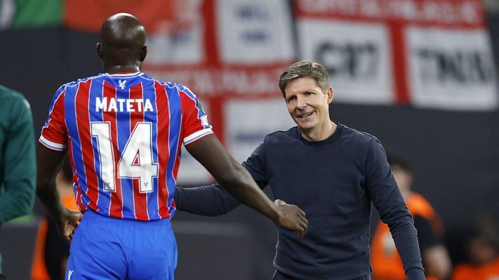 Crystal Palace manager Oliver Glasner and striker Jean-Philippe Mateta celebrate after winning the Europa Conference League in May