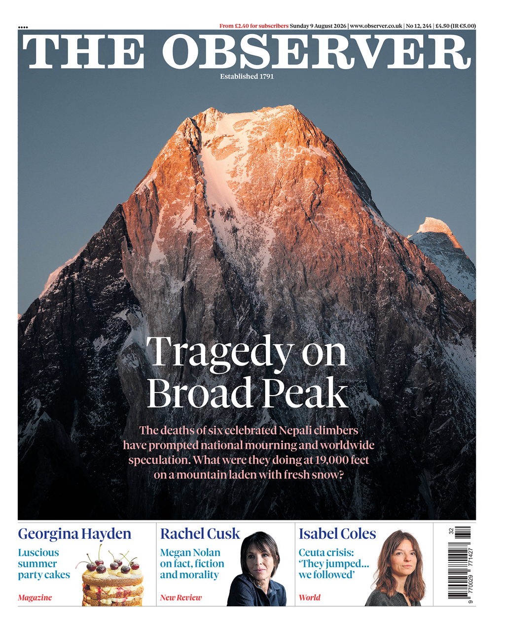 The headline on the front page of the Observer reads: “Tragedy on Broad Peak”.