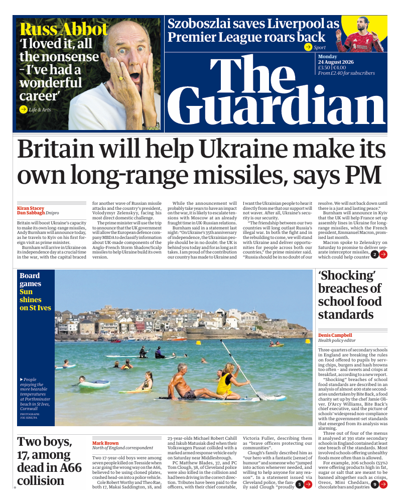 The headline on the front page of the Guardian reads: “Britain will help Ukraine make its own long-range missiles, says PM”.