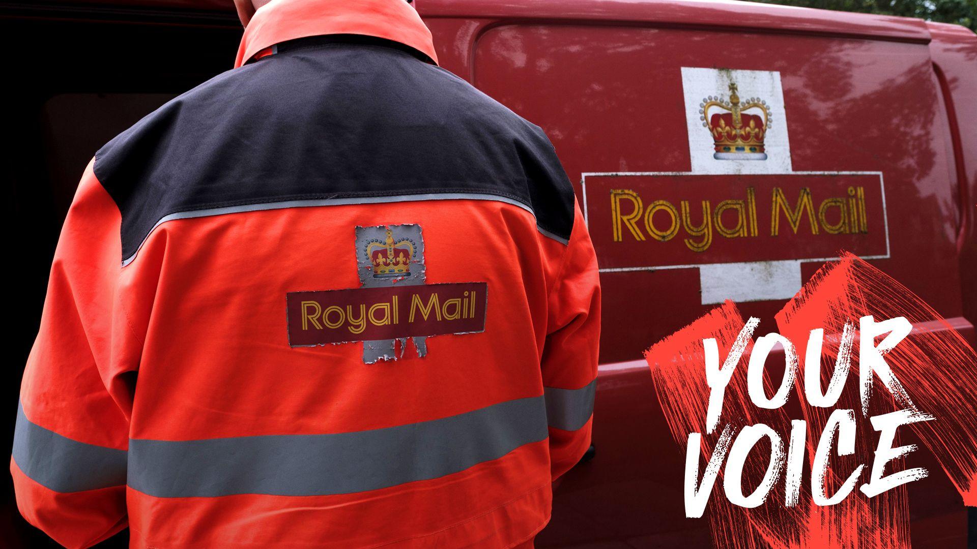 An employee of Royal Mail sorts parcels and letters in the back of his delivery van. The Royal Mail branding is on the back of his jacket and on the side of the van.