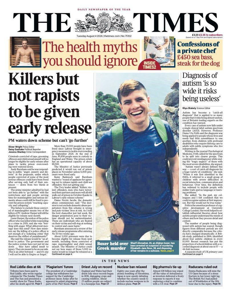 "Killer but not rapists to be given early release" reads the headline on the front page of the Times.