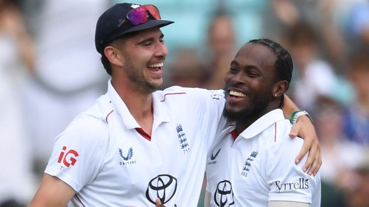 Jofra Archer and Josh Tongue embrace