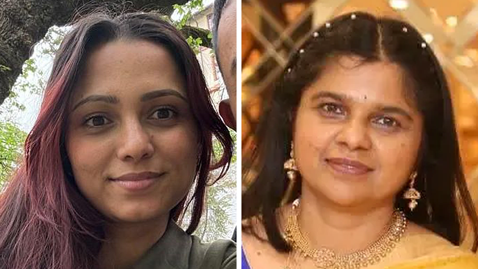 A split image of Pramod Poudel's wife (left) and Neetu Goyal Tiwari (right). Both are smiling