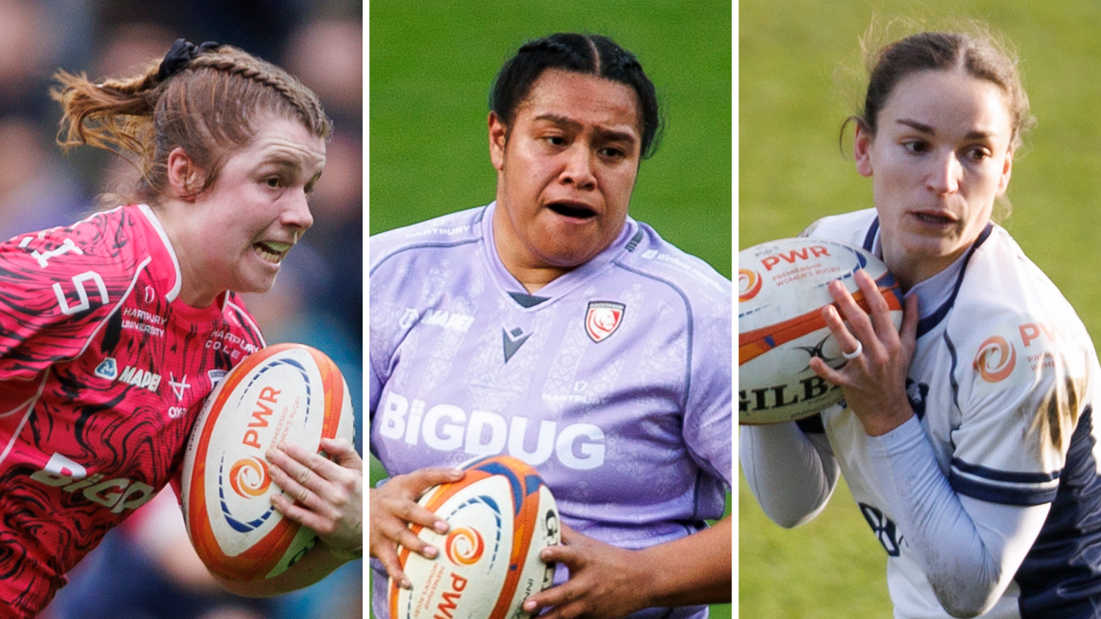 Kate Williams (left) Sisilia Tuipulotu (centre) and Jasmine Joyce (right) holding balls while playing for English clubs