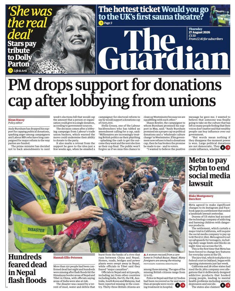 The headline on the front page of the Guardian reads: "Hundreds feared dead in Nepal flash floods."