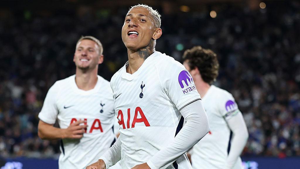 Richarlison with his tongue in his cheek after celebrating his Spurs goal against Chelsea