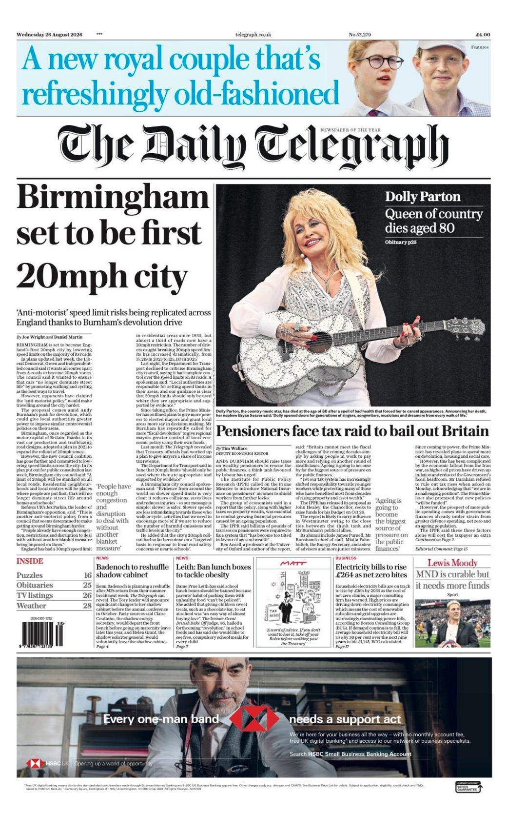 The headline on the front page of the Daily Telegraph reads: "Birmingham set to be first 20mph city."