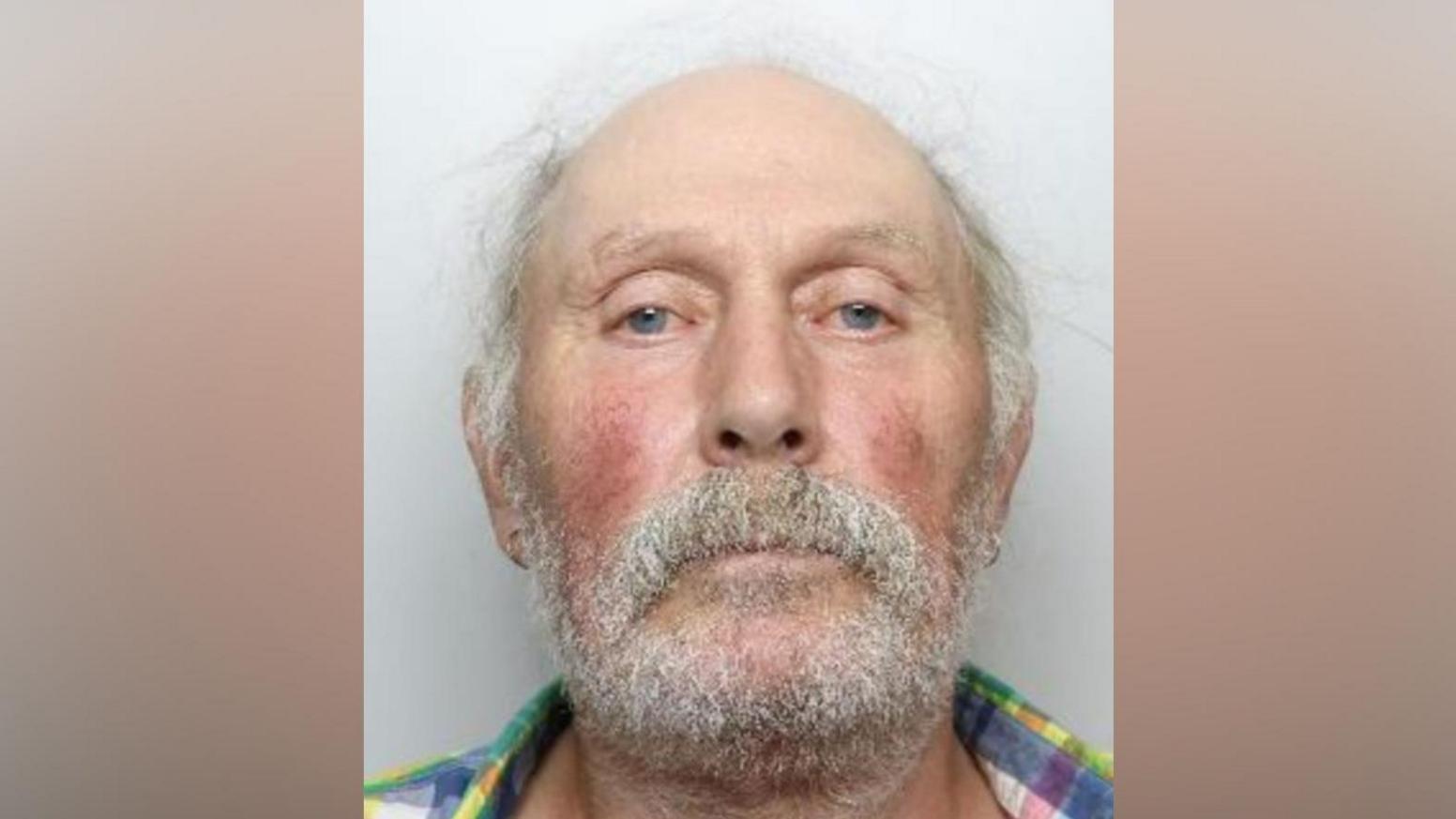 A police mugshot of Schwalbe, who is facing directly toward the camera. He has very little hair on the top of the head, with some light-coloured hair remaining around the sides. A full white beard and moustache cover the lower face. He is wearing a multi-coloured plaid shirt with green, blue, yellow, and purple tones visible near the collar and shoulders.