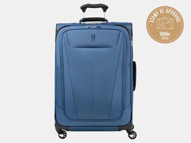 Blue rolling suitcase
