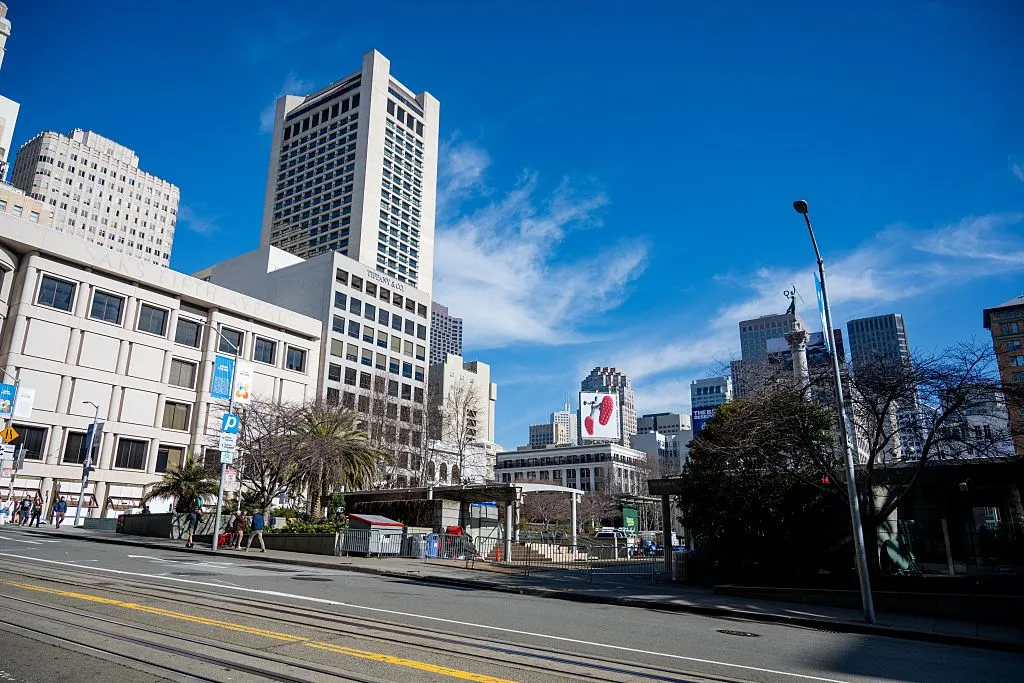 General view on a sunny day of Union Square in downtown San Francisco, California, January 22, 2026.