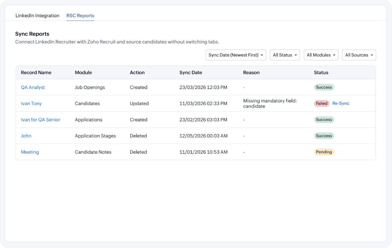 Figure 15: Review RSC Reports to monitor sync status and re-sync failed records.