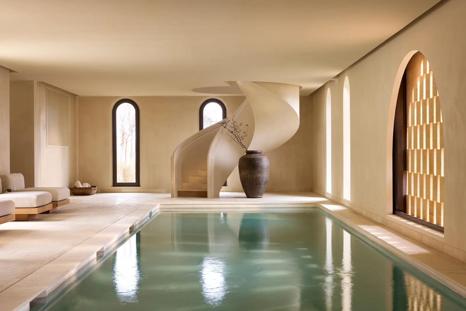 Image may contain Architecture Building House Housing Staircase Indoors Interior Design Pool Water and Floor