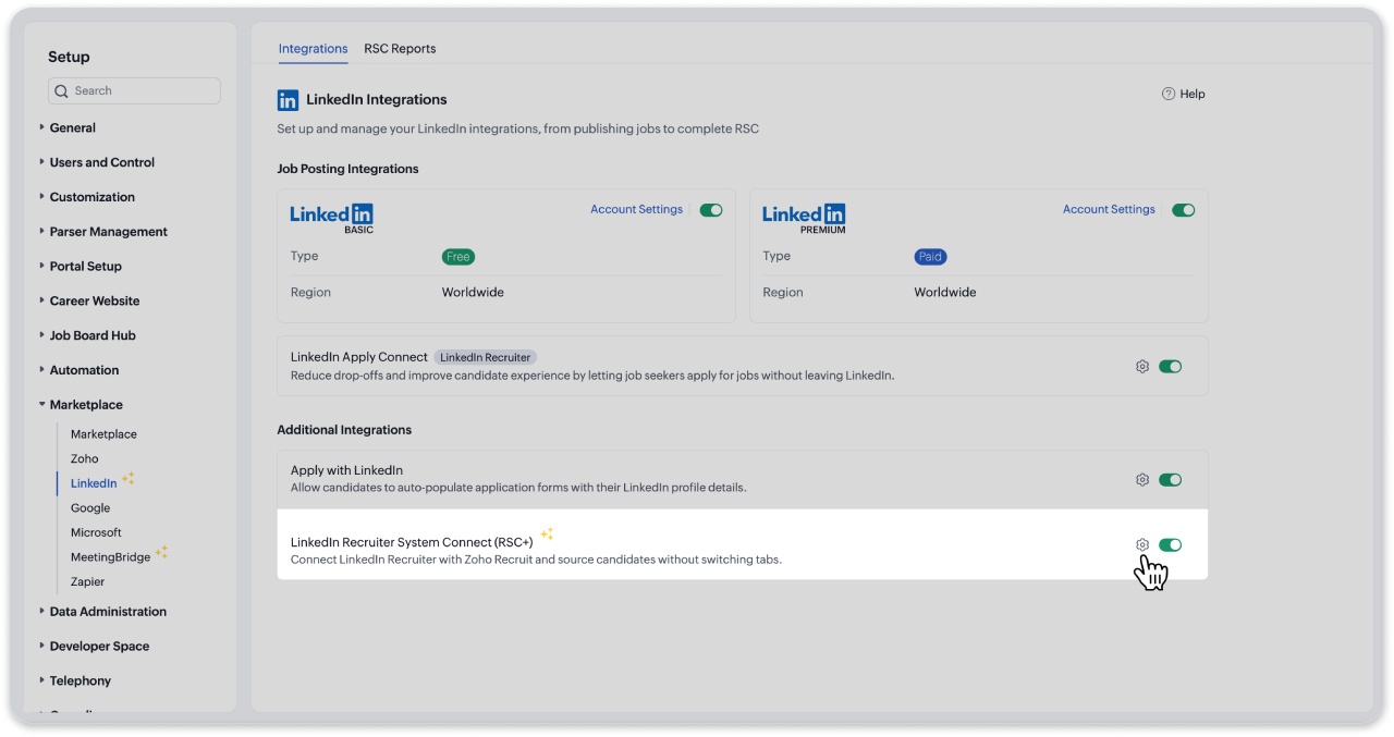 Figure 1: Start RSC from the LinkedIn integration settings in Zoho Recruit.
