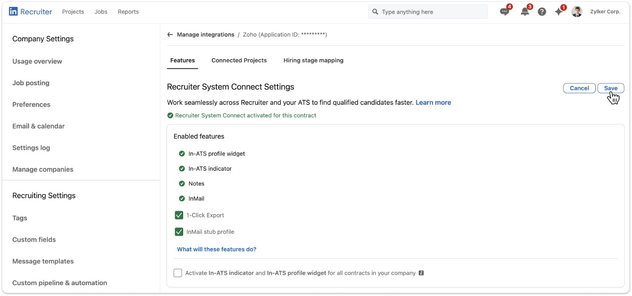 Figure 10: Confirm the RSC feature settings in LinkedIn Recruiter.