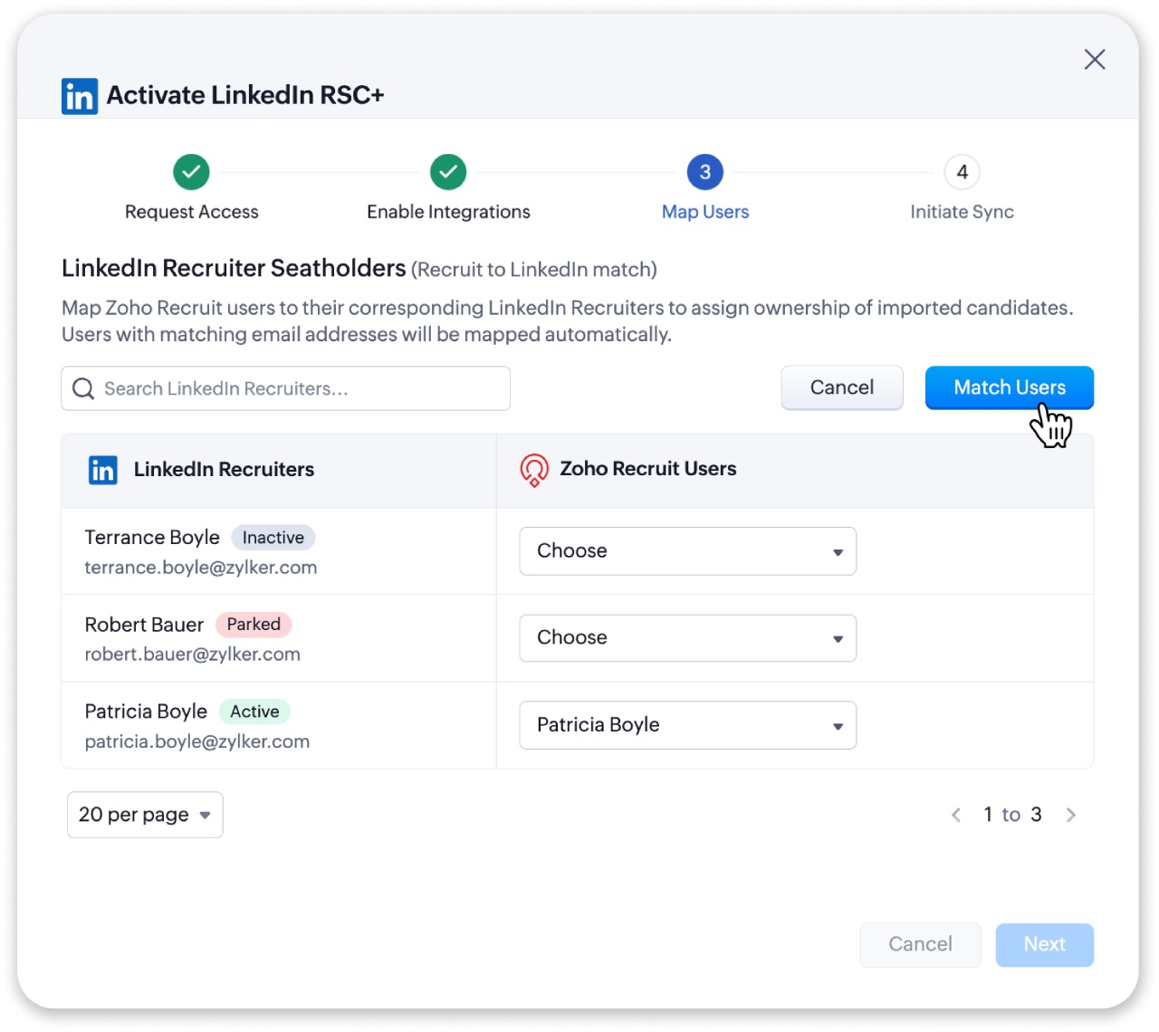 Figure 11: Review seat holder matching between Zoho Recruit and LinkedIn Recruiter.