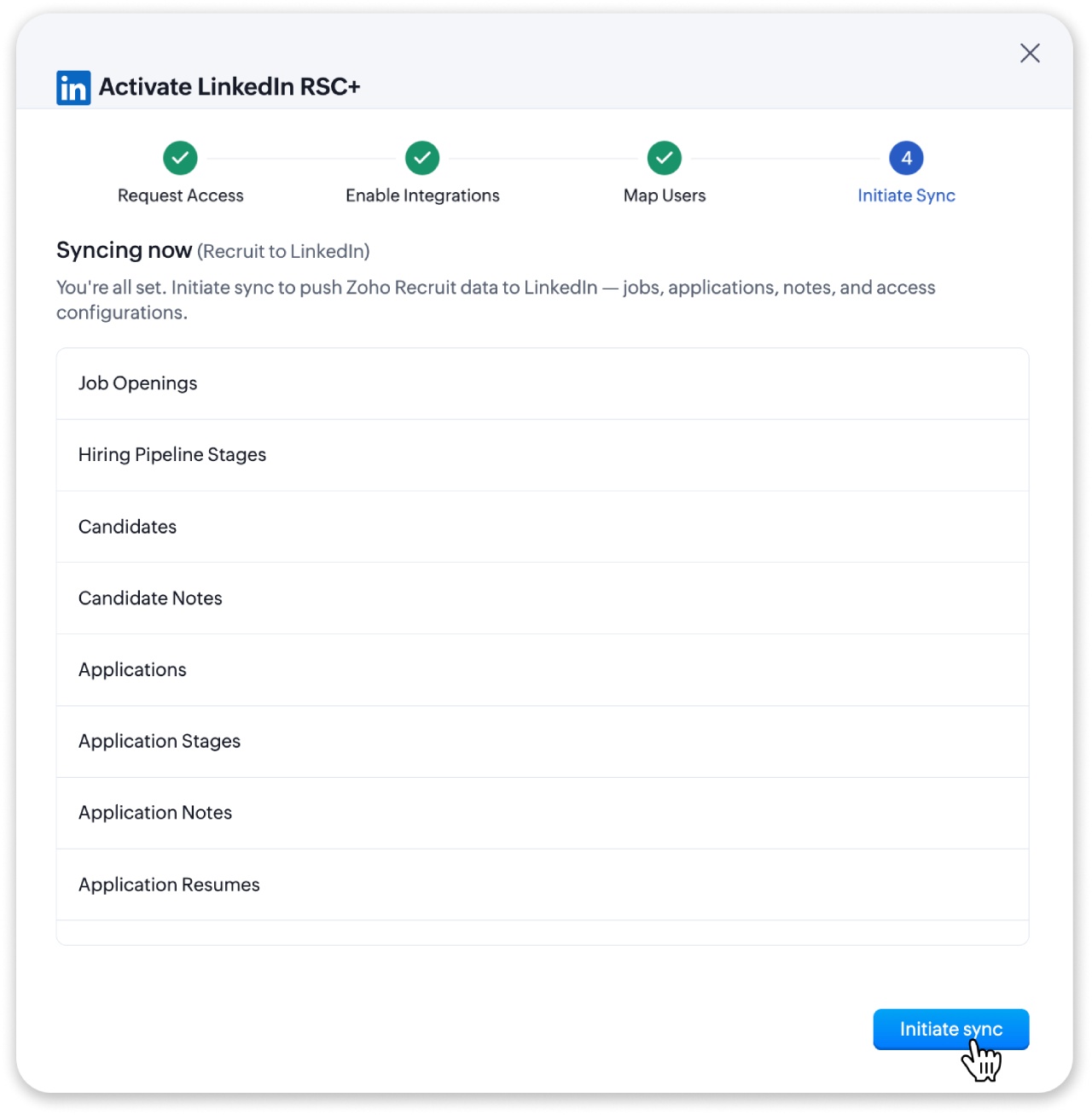 Figure 13: Begin the initial sync from Zoho Recruit to LinkedIn Recruiter.