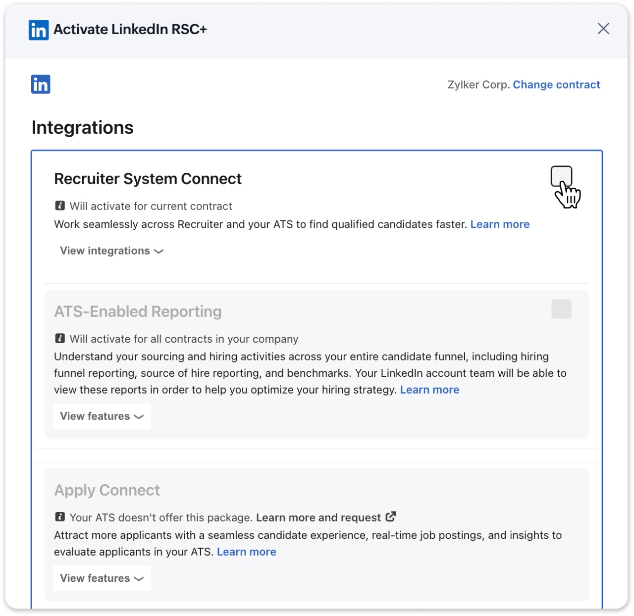 Figure 5: Enable Recruiter System Connect for the right LinkedIn contract.