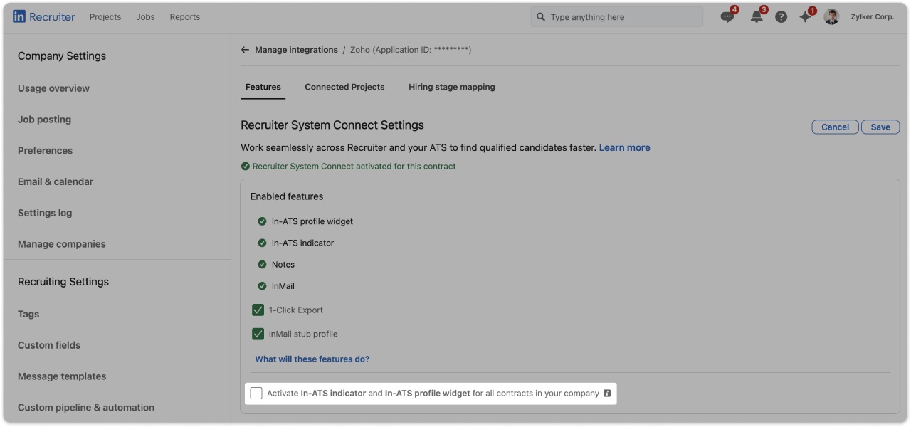 Figure 9: Use the contract-level option when multiple LinkedIn Recruiter contracts have RSC enabled.