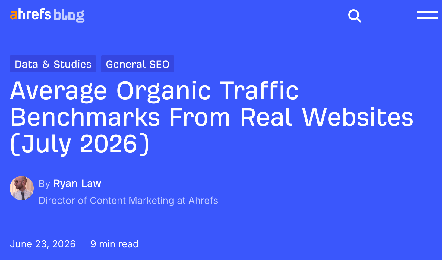 A blog post header on a blue background. Title: "Average Organic Traffic Benchmarks From Real Websites (July 2026)".