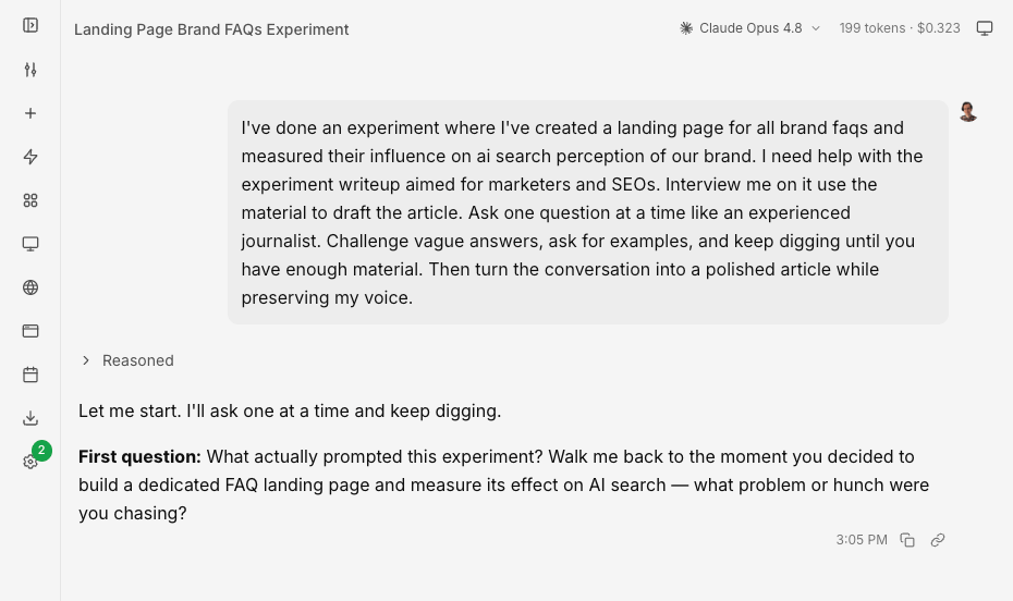 A chat interface screenshot. The user describes an FAQ landing page experiment and asks for an interview to draft an article.