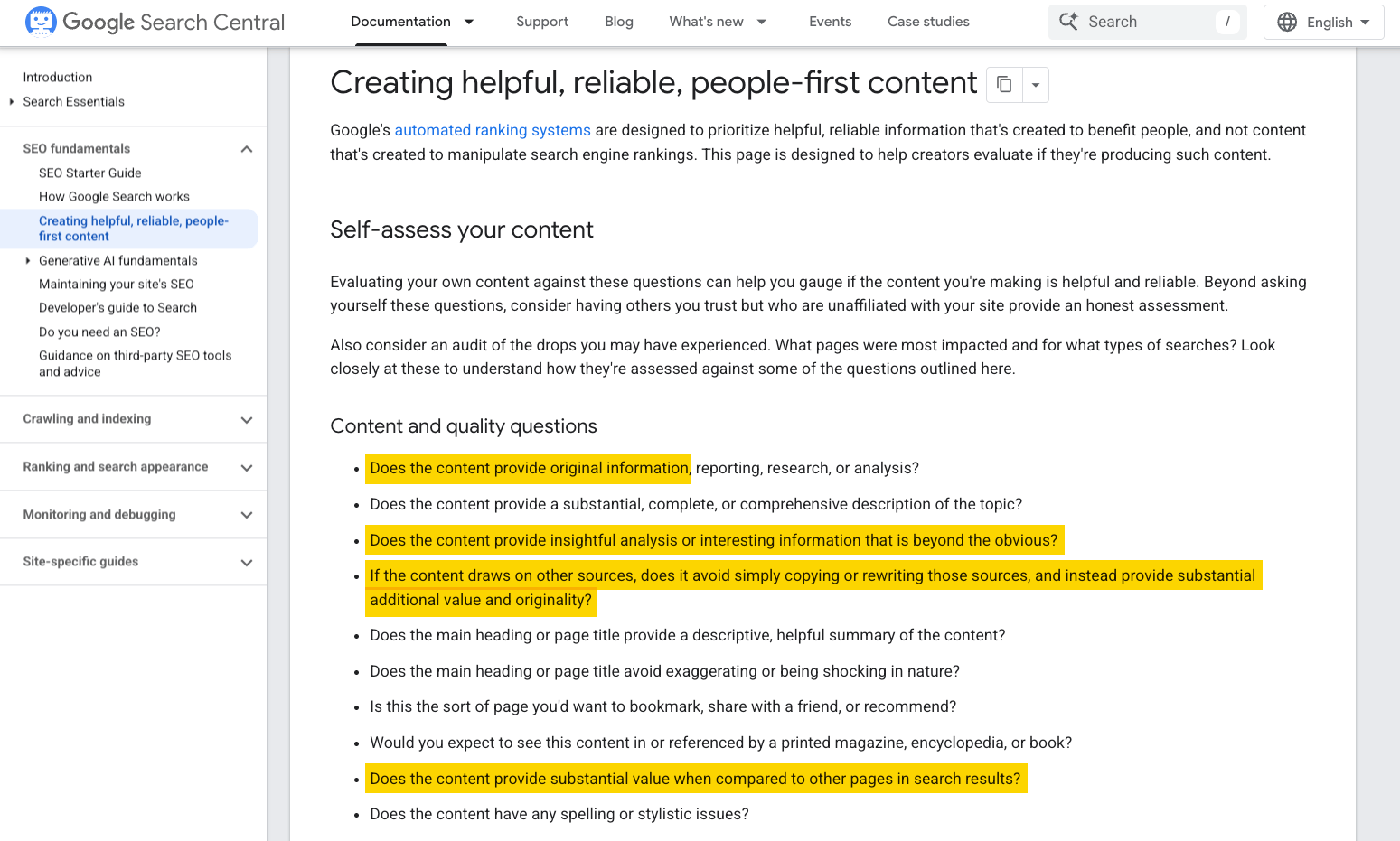 A screenshot of a Google Search Central page on "Creating helpful, reliable, people-first content" with content quality questions highlighted.