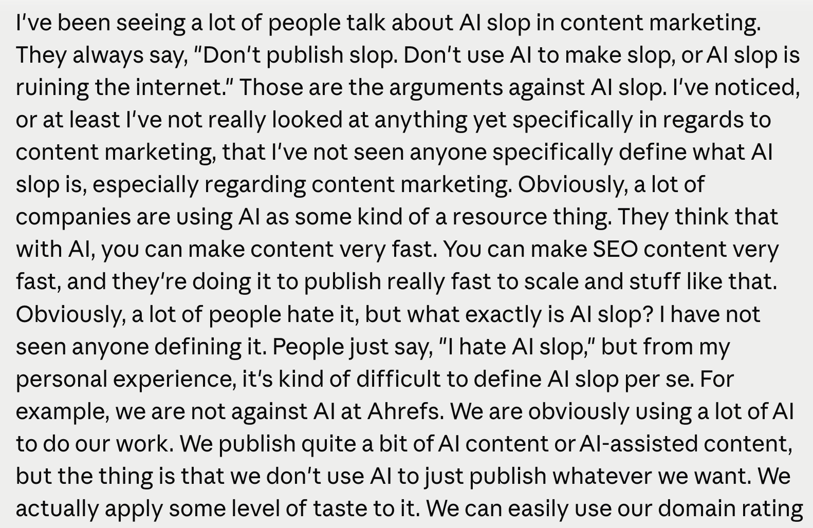 A screenshot of text discussing the concept of "AI slop" in content marketing and its definition.