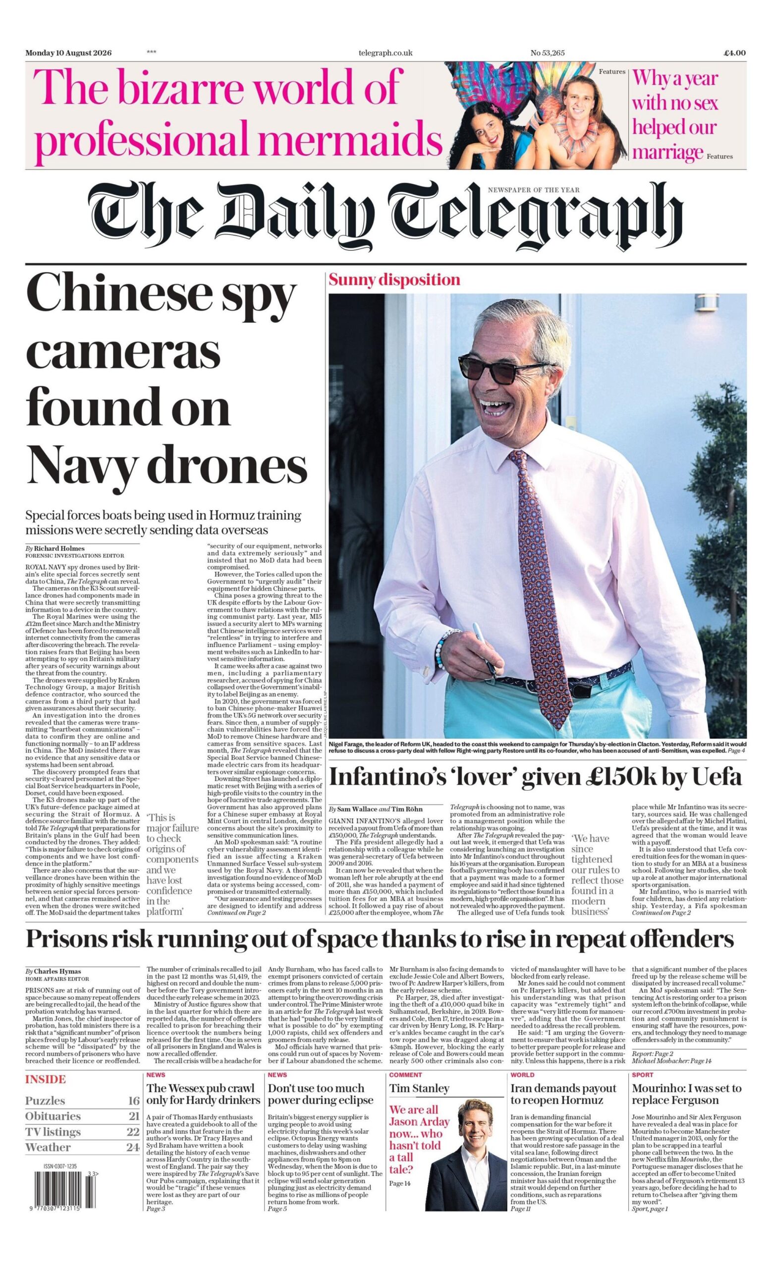 "Chinese spy camera found on Navy drones," reads the headline on the front page of the Daily Telegraph.