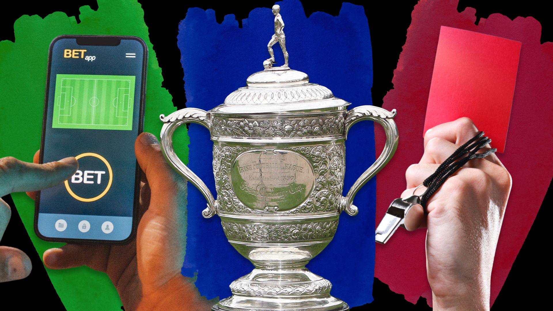 A stock image of a betting app on a phone, the Gibson Cup and a red card