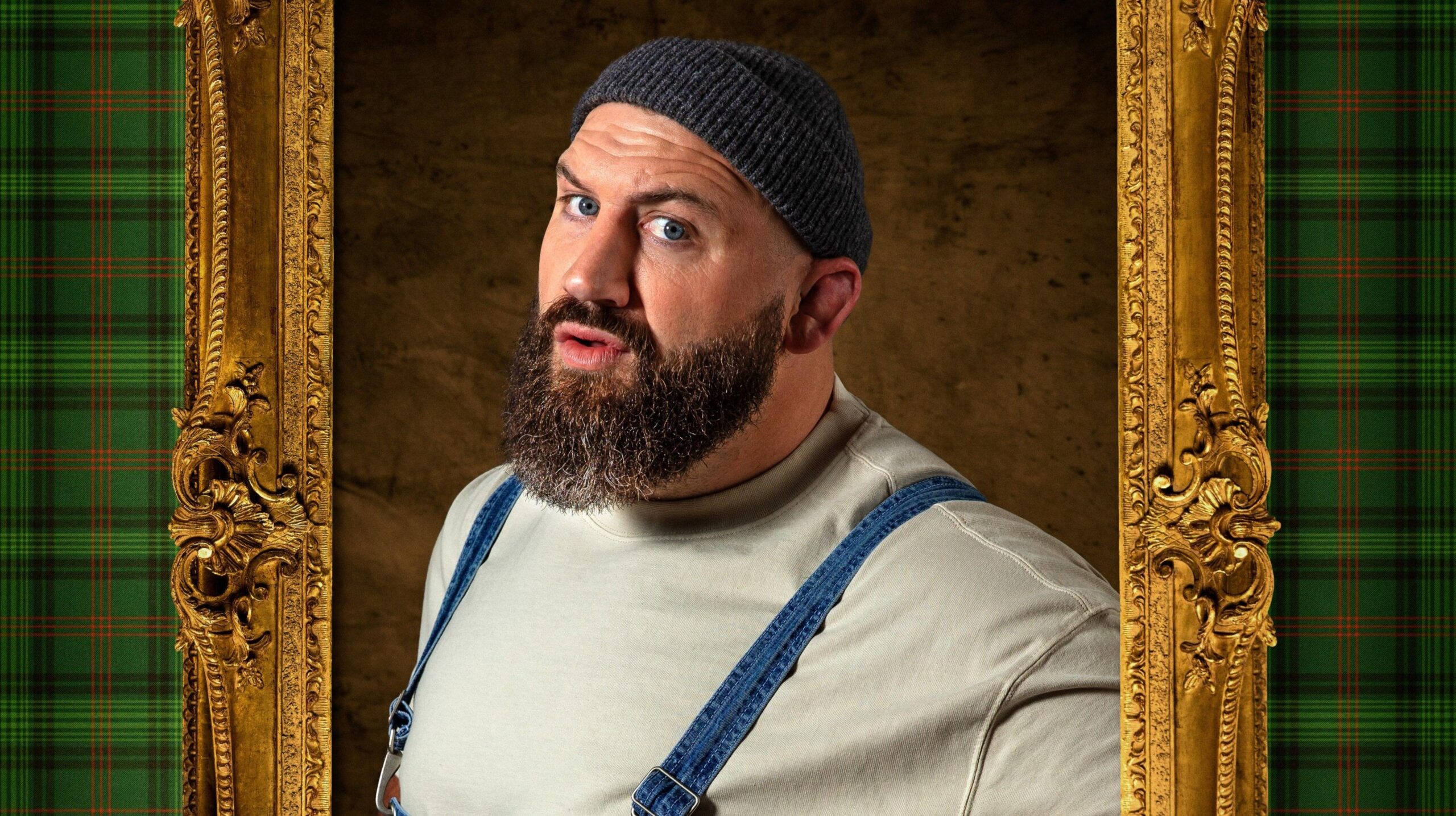 Joe Marler painted onto a picture frame, dressed appearing in The Celebrity Traitors.