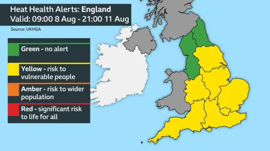 A map showing yellow heat health alerts in force for much of England through 21:00 BST on Tuesday