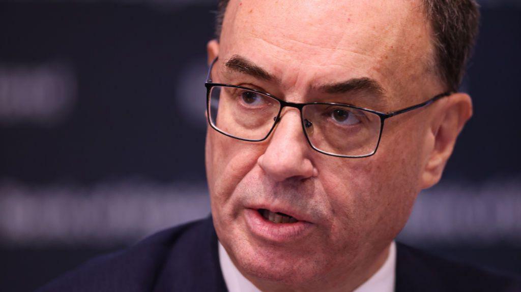 Andrew Bailey, Bank of England governor, talking at a press conference after the Bank cut interest rates on 7th November