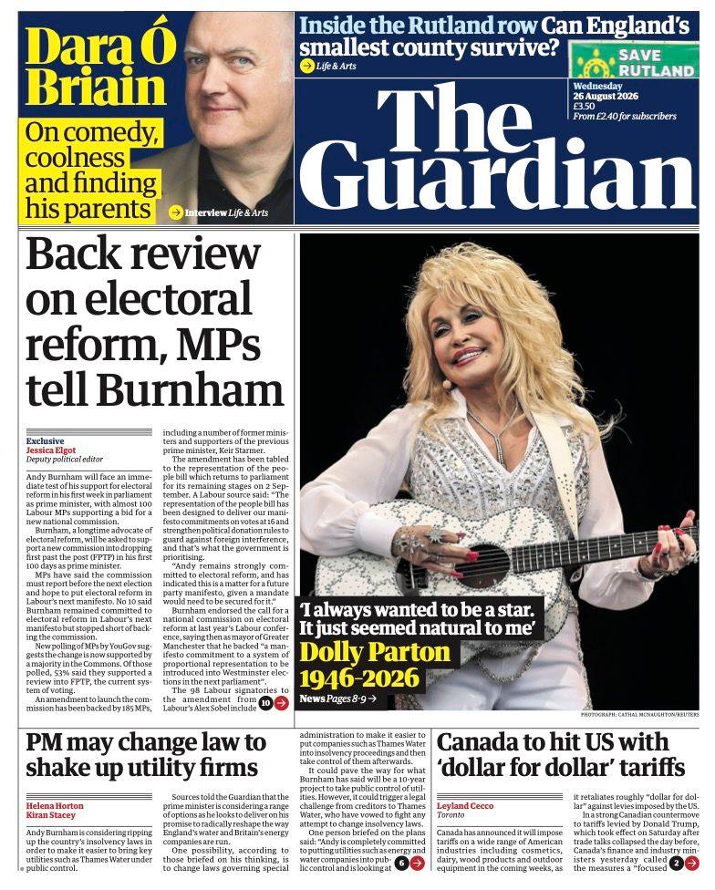 The headline on the front page of the Guardian reads: "Back review on electoral reform, MPs tell Burnham."