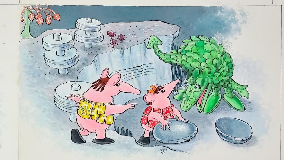 A hand-painted illustration showing two pink Clangers standing on a rocky landscape beside the green Soup Dragon. Metal lids and machinery are scattered around the scene, with pale blue and grey tones in the background.
