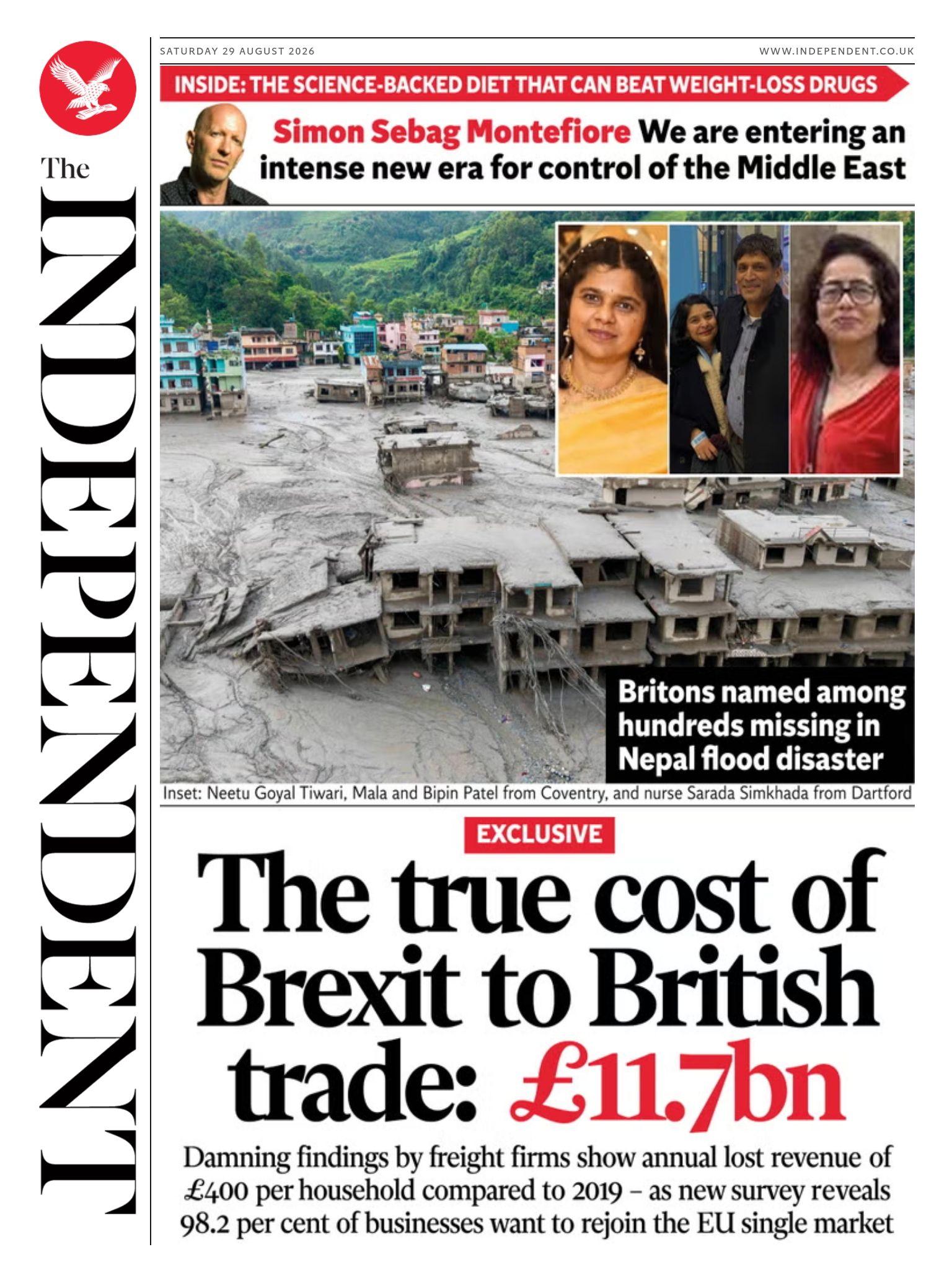 The headline on the front page of the Independent reads: 'The true cost of Brexit to British trade: £11.7bn.'