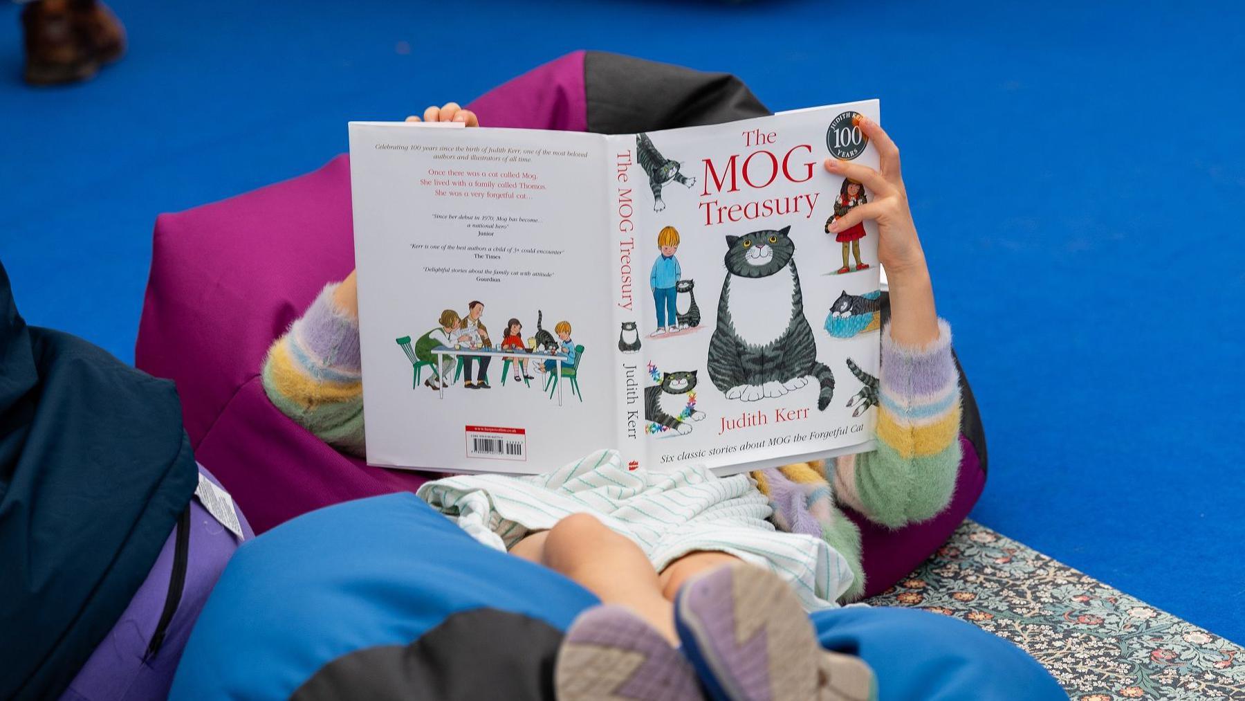 A child lies on a fuchsia bean bag. She has a stripey jumper, white and blue striped dress, and shoes on as she reads The Mog  Treasury - the book is completely obscuring her head. She is resting her feet on a blue bean bag. The bean bags are on a floral rug, which has been placed on a bright blue carpet.