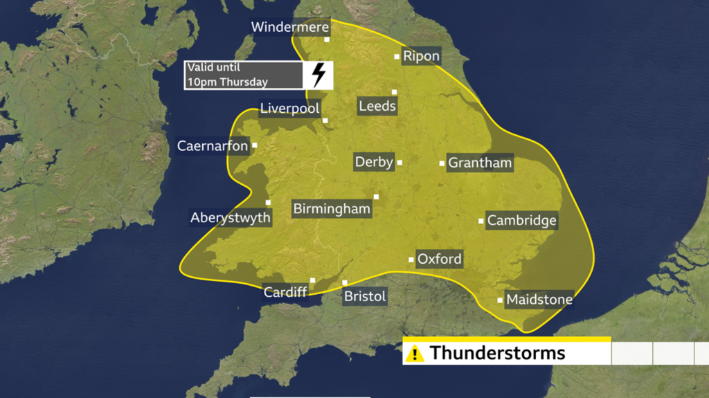 A map showing the area covered by the Met Office yellow warning, encompassing Windermere, Ripon, Liverpool, Leeds, Caernarfon, Derby, Grantham, Aberystwyth, Birmingham, Cambridge, Oxford, Cardiff, Bristol and Maidstone.