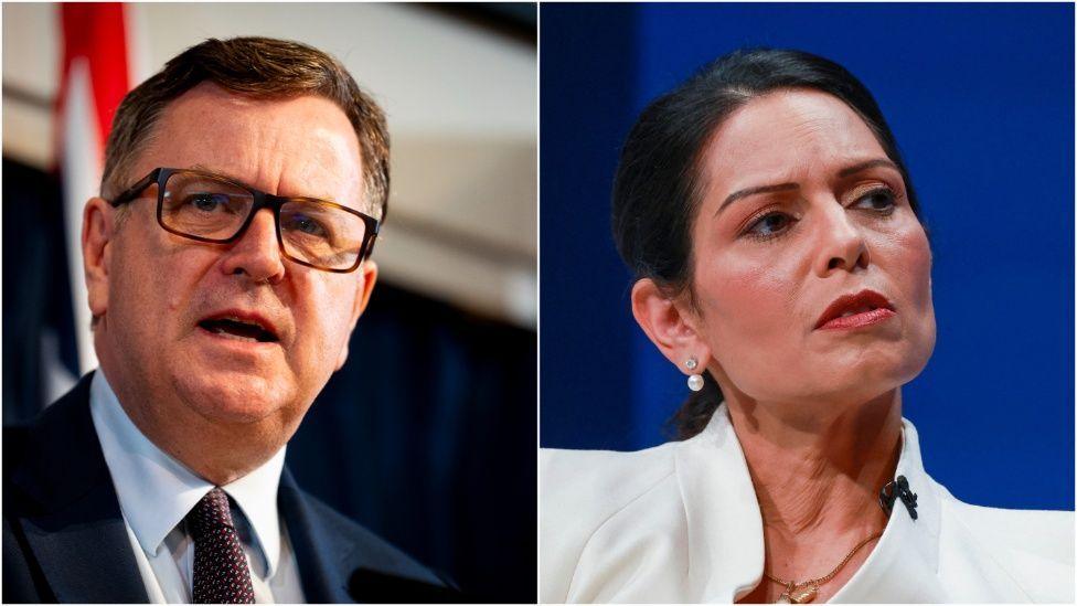 A composite image. Mel Stride on the left in a suit and tie. Dame Priti Patel wears white.