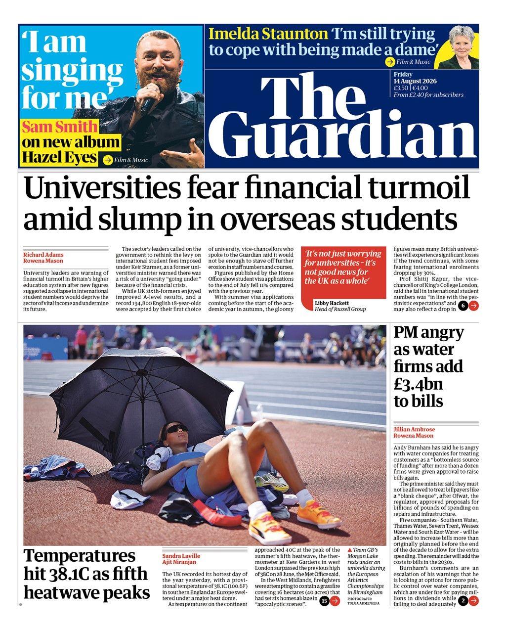 The headline on the front page of the Guardian reads: "Universities fear financial turmoil amid slump in overseas students."