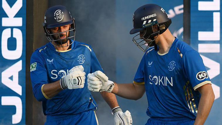 Will Jacks and James Vince of MI London Men walk out to open the batting during The Hundred match between MI London Men and SunRisers Leeds Men at The Kia Oval