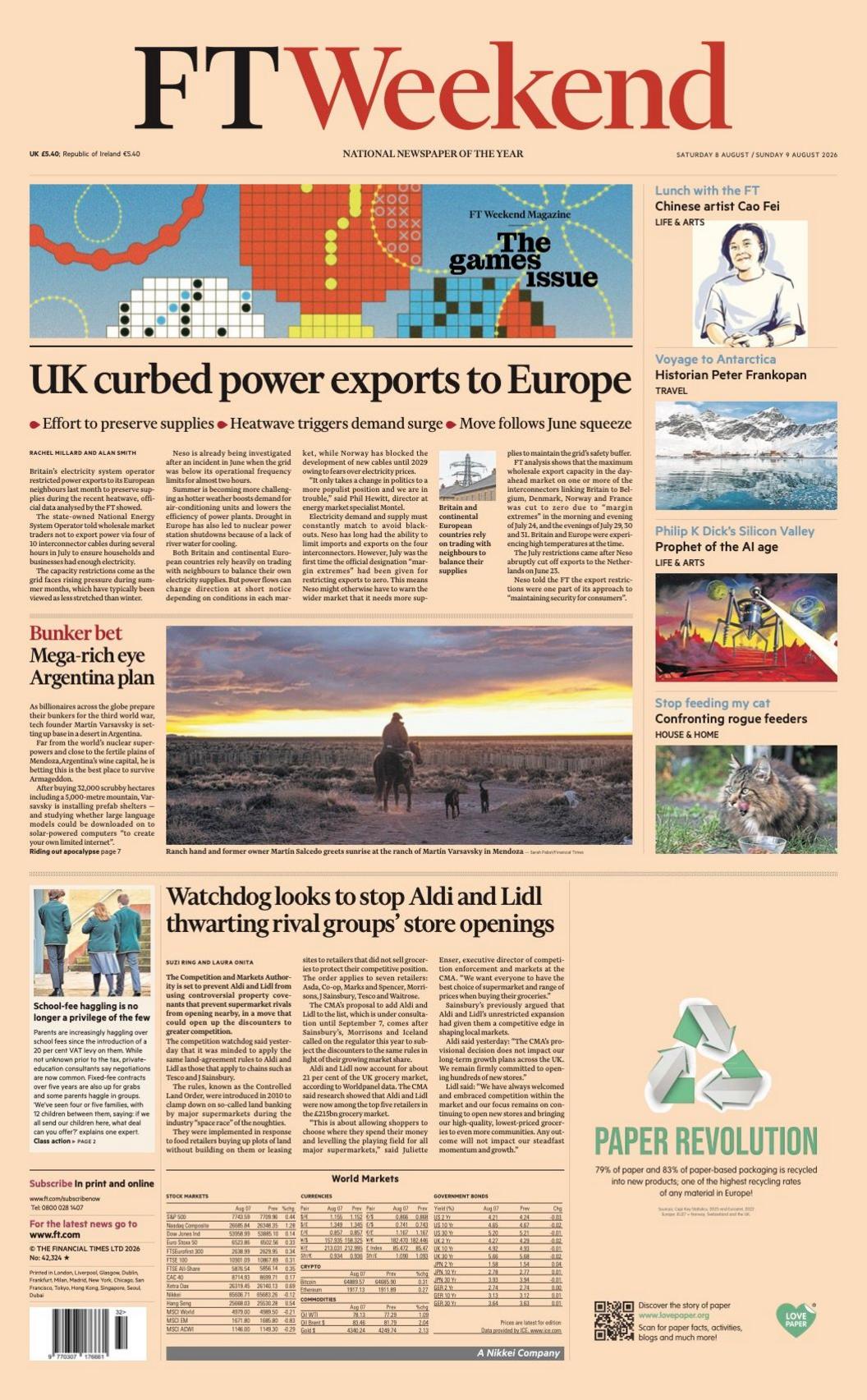 The headline on the front page of the FT Weekend reads: “UK curbed power exports to Europe”.