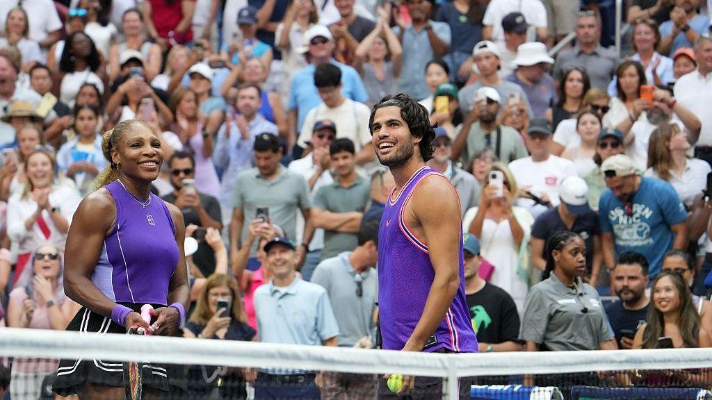Serena Williams and Carlos Alcaraz are applauded by the crowd at the US Open