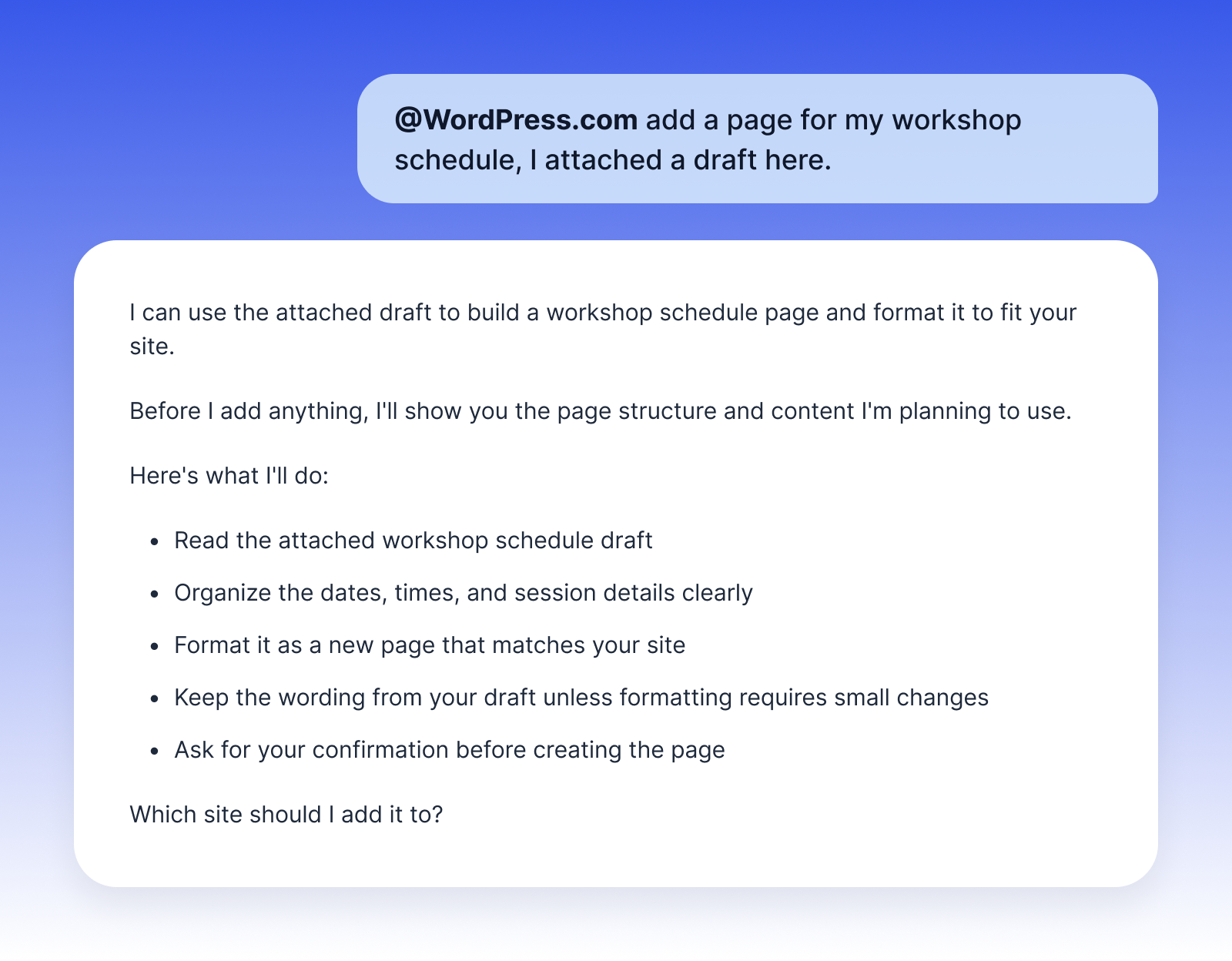 A mockup of a conversation between a user and ChatGPT about creating a new page on a WordPress.com site