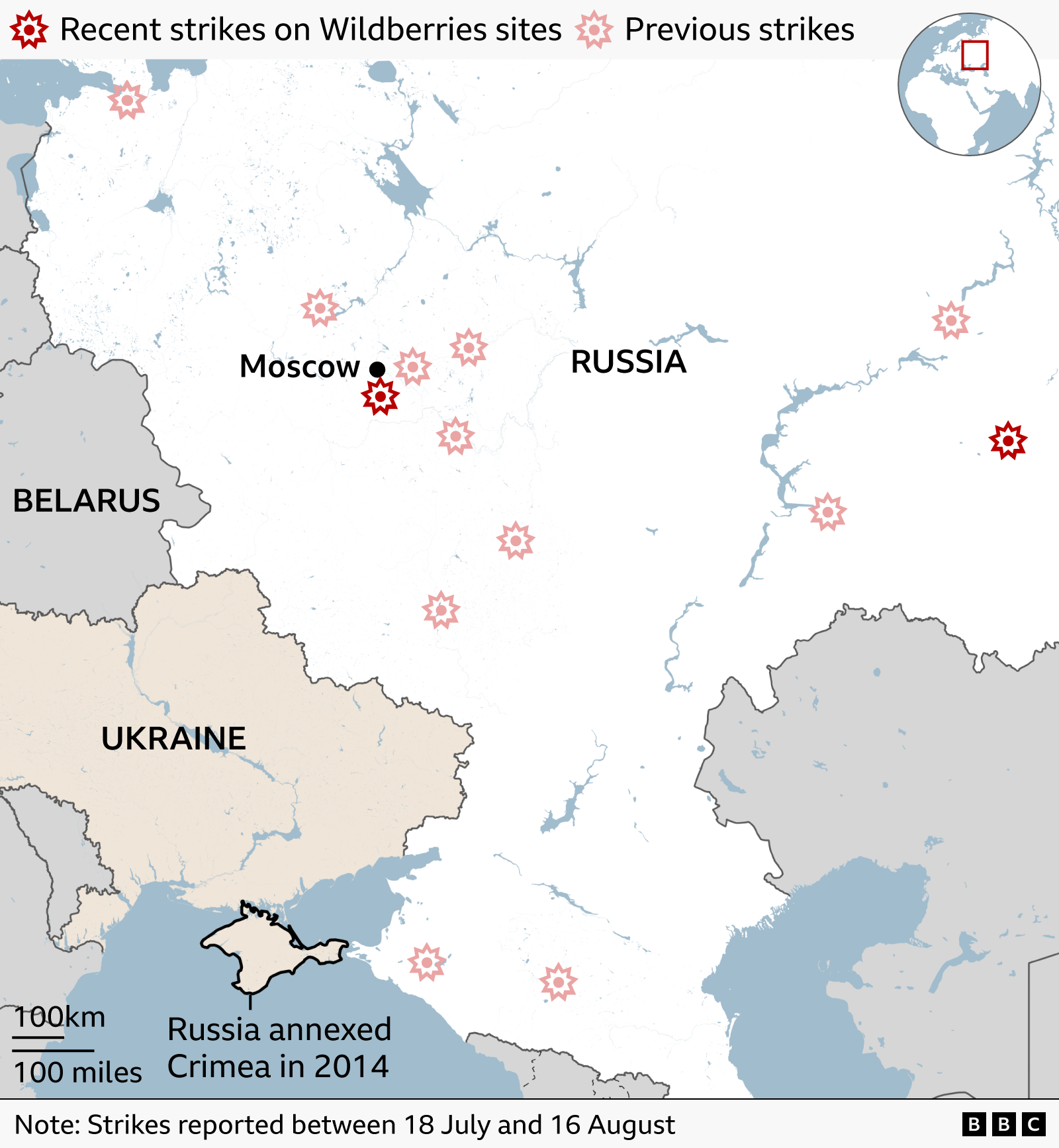 Map of recent attacks on Wildberries sites. There are 12 sites