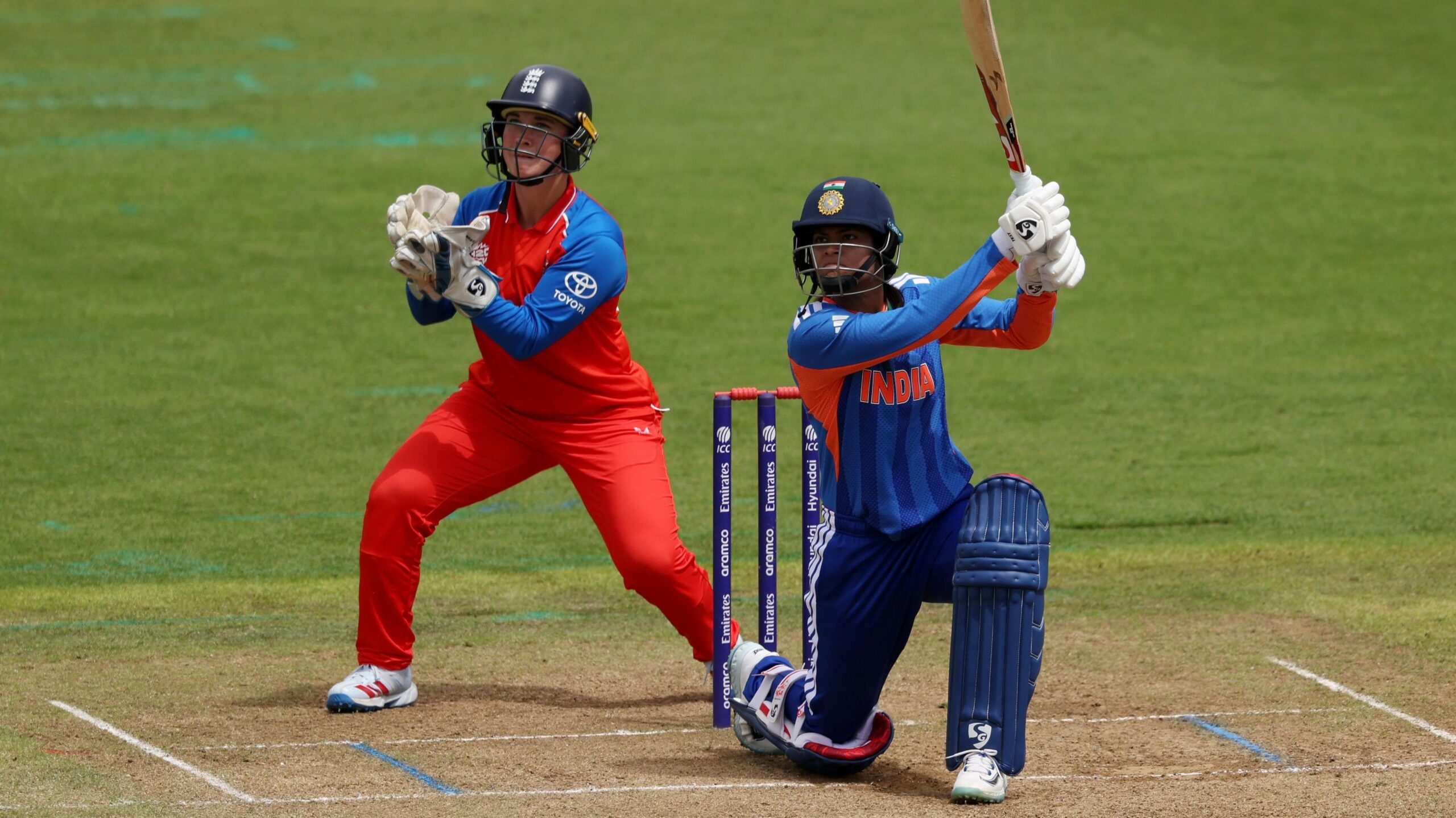 Alice Capsey keeps wicket while India bat against England