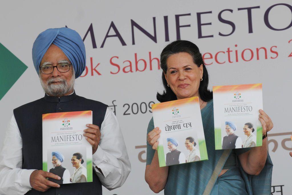 Prime Minister Manmohan Singh and Congress President Sonia Gandhi release the party manifesto for the Lok Sabha elections at Congress headquarters in New Delhi on Tuesday, March 24, 2009.
