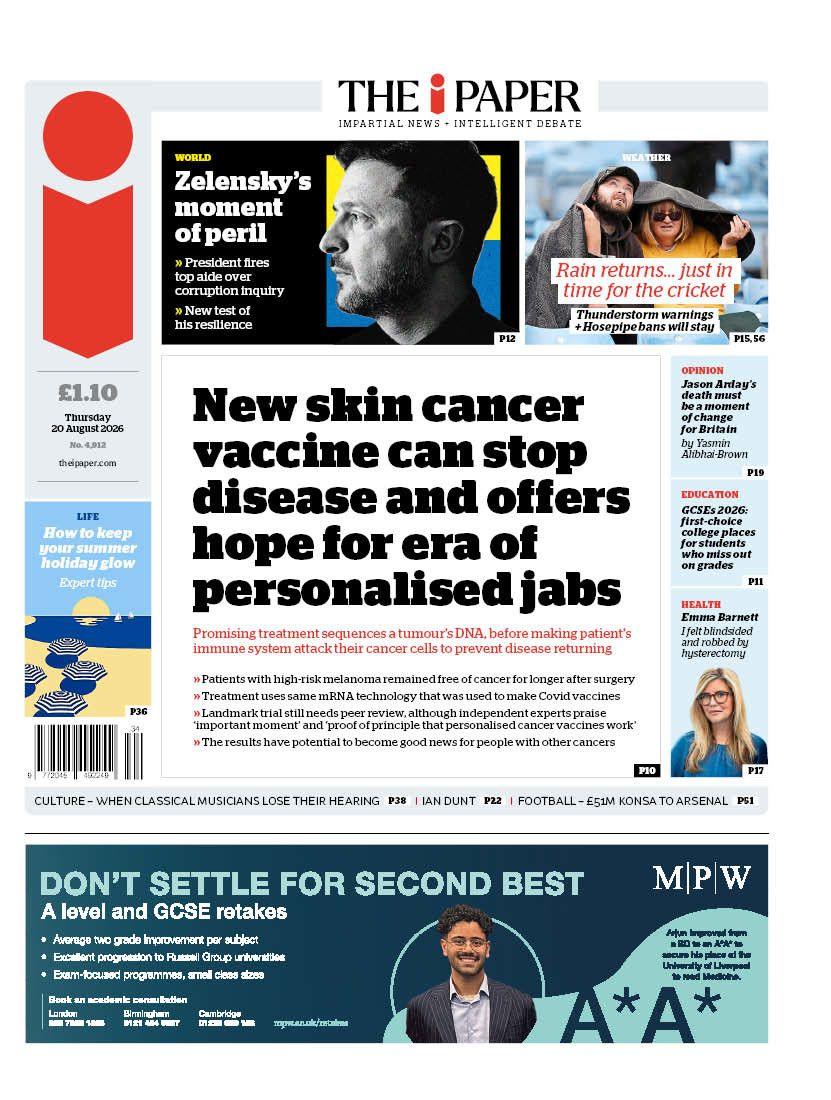 The headline on the front page of the i Paper reads: "New skin cancer vaccine can stop disease and offers hope for era of personalised jabs."